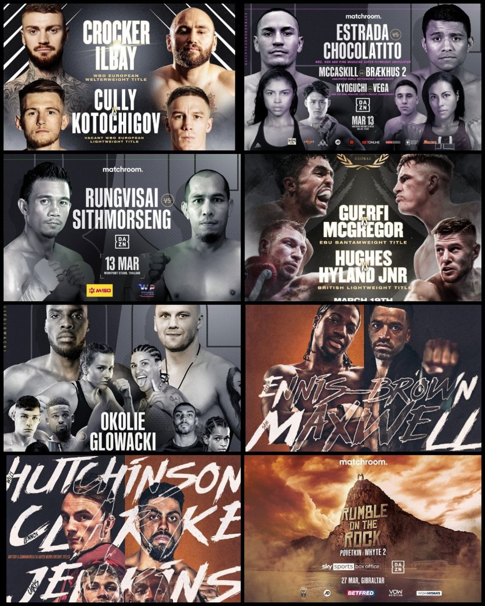 BoxingTicketsNI's tweet photo. UK TV Boxing Schedule
March
#CrockerIlbay
๐ฅ IFL TV
#EstradaChocolatito
๐ฅ DAZN
#RungvisaiSithmorseng
๐ฅ DAZN
#GuefriMcGregor
๐ฅ IFL TV
#OkolieGlowacki
๐ฅ Sky Sports
#BrownMaxwell
๐ฅ BT Sport
#HutchinsonClarke
๐ฅ BT Sport
#PovetkinWhyte2
๐ฅ Sky Sports Box Office https://t.co/tA3n5V9QH0