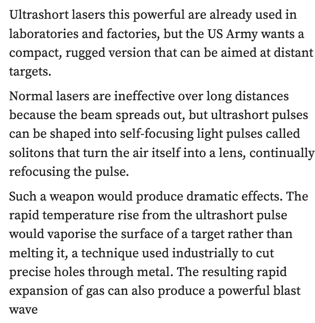 steveashleyplus's tweet photo. The US Army's next-gen ultrashort pulsed laser weapon aims to control beam spread at long distances by forming self-focusing light pulses called solitons that turn the air itself into a lens, continually refocusing the pulse...
(NS) https://t.co/00LxHcQEiO https://t.co/VGCFIc4Upy