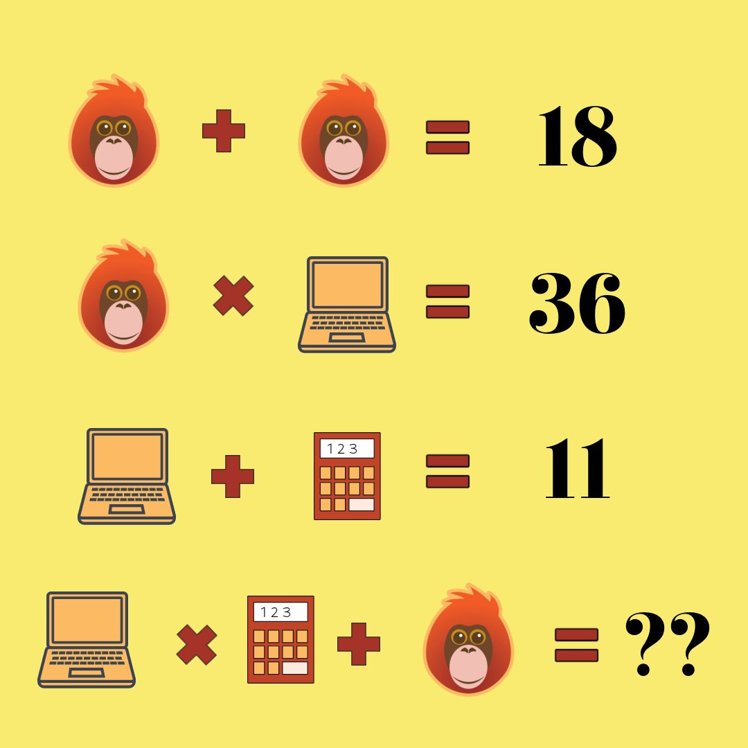 coderkidsclub's tweet photo. Who can figure it out? If you get it right, share it with your friends to see who else can do math puzzles!
#PongoLearningLab #SteamLearning #Steam #CroftonMD #StemLearning #StemEducation #VirtualLearning #KidsCode #CoderKidsClub #MathPuzzle https://t.co/0jHJEc1XQN