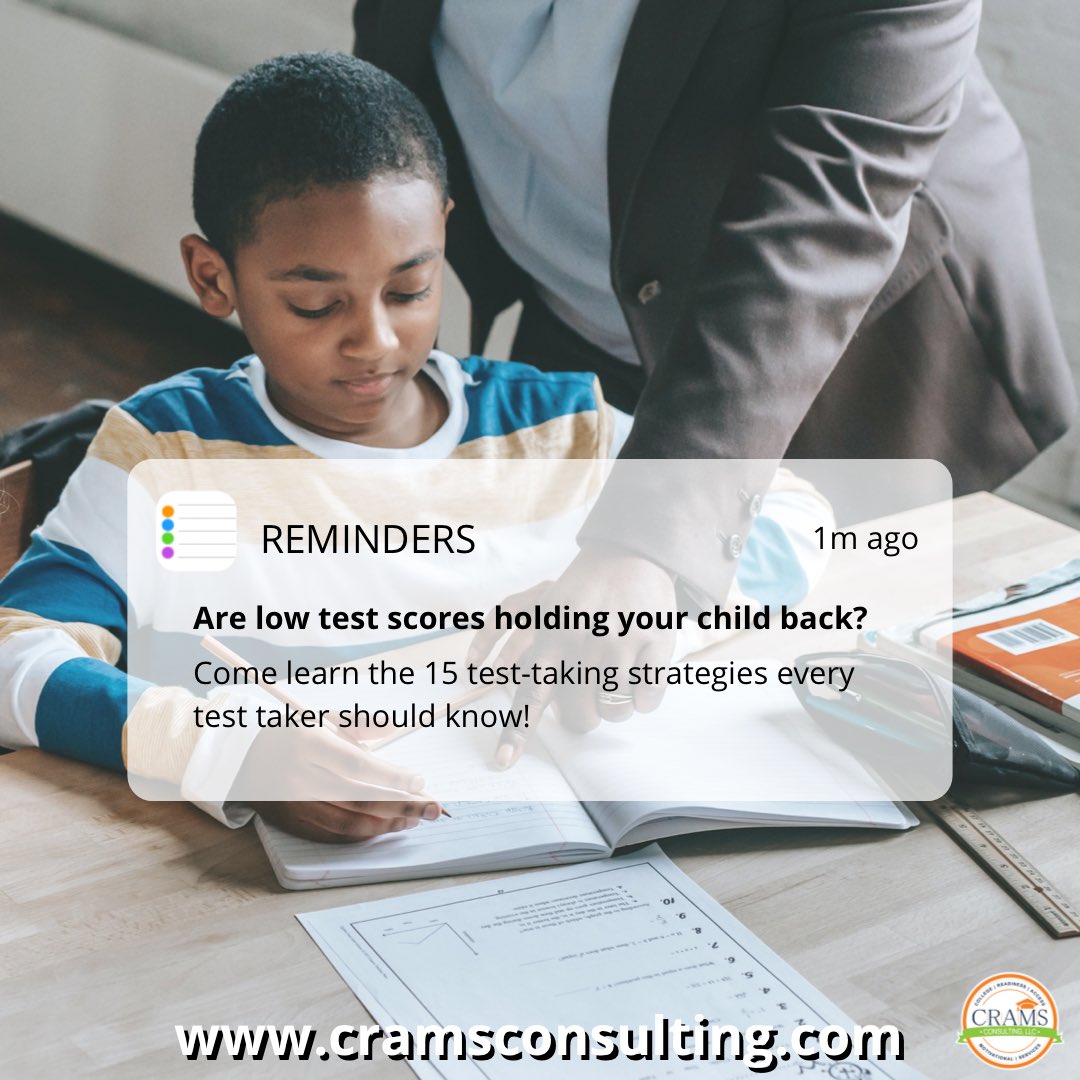 CRAMSconsulting's tweet photo. Learn how to navigate through tests,
using practical and effective test-taking skills. To register, 
click on the link in the bio.
#student #motivation #smallbusiness #services  #tutoring #education  #college #elementary #teaching #studyskills #studying #elearning #education https://t.co/wwvjegG9gl