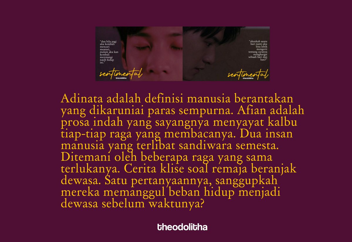 theodolitha's tweet photo. —   SingKit Lokal Version AU  —

·······         𝐬𝐞𝐧𝐭𝐢𝐦𝐞𝐧𝐭𝐚𝐥        ·······

Sebuah kisah tentang remaja beranjak dewasa. Hidup dipenuhi intrik dan problematika. Satu pertanyaannya, sanggupkah mereka memanggul beban hidup menjadi dewasa sebelum waktunya? https://t.co/0PLtVnvfk5