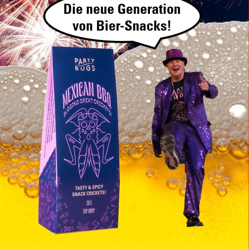 Party Bugs sind leckere, verzehrfertige Party-Snacks in Premiumqualität aus essbaren Grillen.

Feine Party Bugs-Produkte eignen sich für jeden Ort und Anlass, von Bars, Restaurants und Nachtklubs bis hin zu Kinoabenden, Festivals, Sportveranstaltungen und privaten Partys.