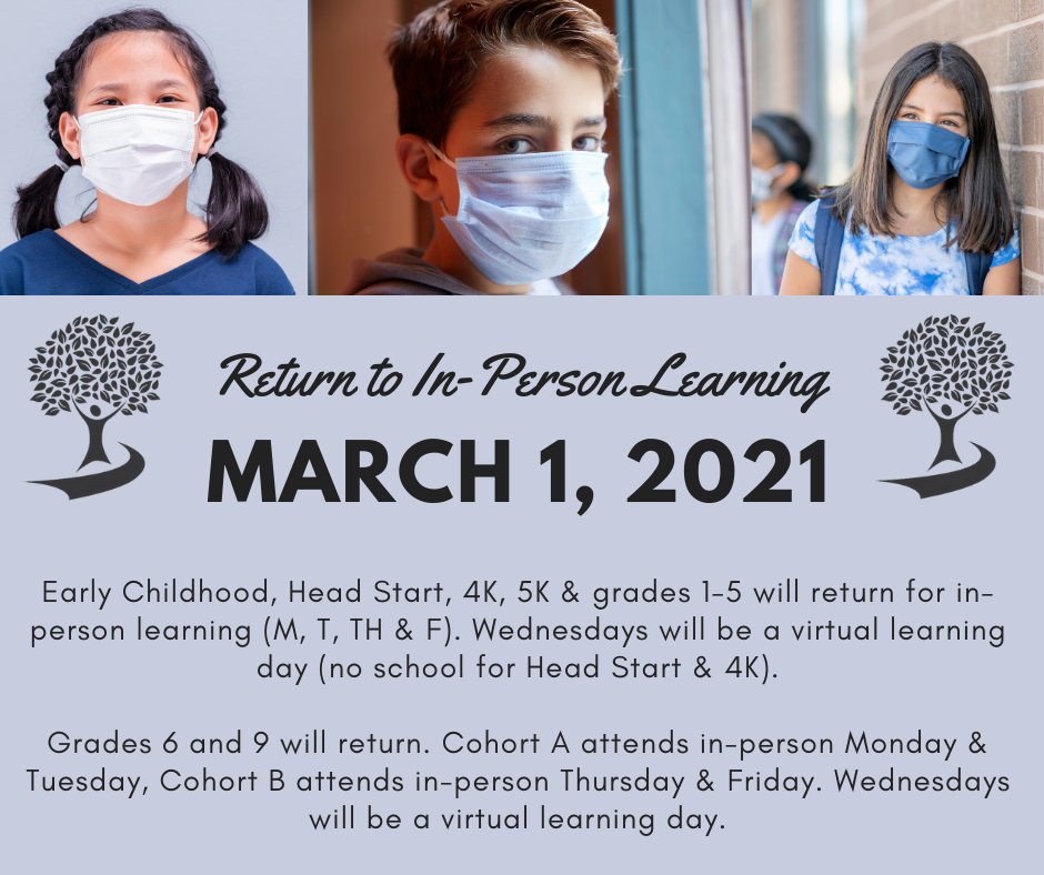 greenbayschools's tweet image. We are excited to see many of our students back in-person tomorrow! Please review the District's Return to In-Person Learning plan for important reminders regarding in-person learning. ow.ly/w6Rp50DJNo9