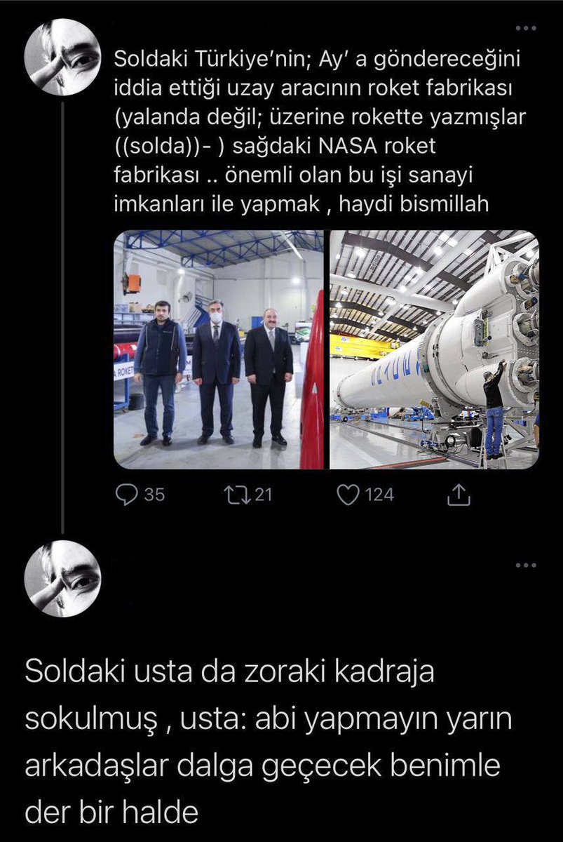 Birileri Ay roket motorunun yapıldığı yeri sanayi, "soldakini" de ustabaşı diye küçümsemeye çalışmış

Bu zihniyeti Baykar'ın sanayideki eski yerini merdivenaltı diye horlamaya çalıştıkları zamanlardan iyi tanırız

Ustalar kadar mahir olamasak da çok çıraklık yaptık

Baykar 90'lar