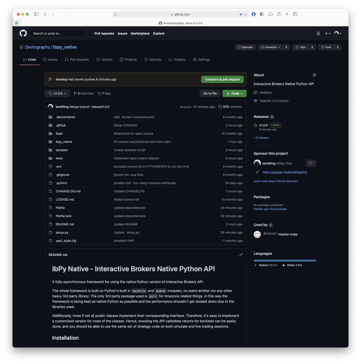 Devtography's tweet photo. It’s here🥳After 1 yr of development, my #IB API framework written in native #Python finally got its’ v1.0.0 release! Pure Python, fully implemented with #async functions &amp; w/ thread-safe design, easy to mock components for #backtest! Go check it out🤩
https://t.co/koIOXCoO6Z https://t.co/d898qVwEFX
