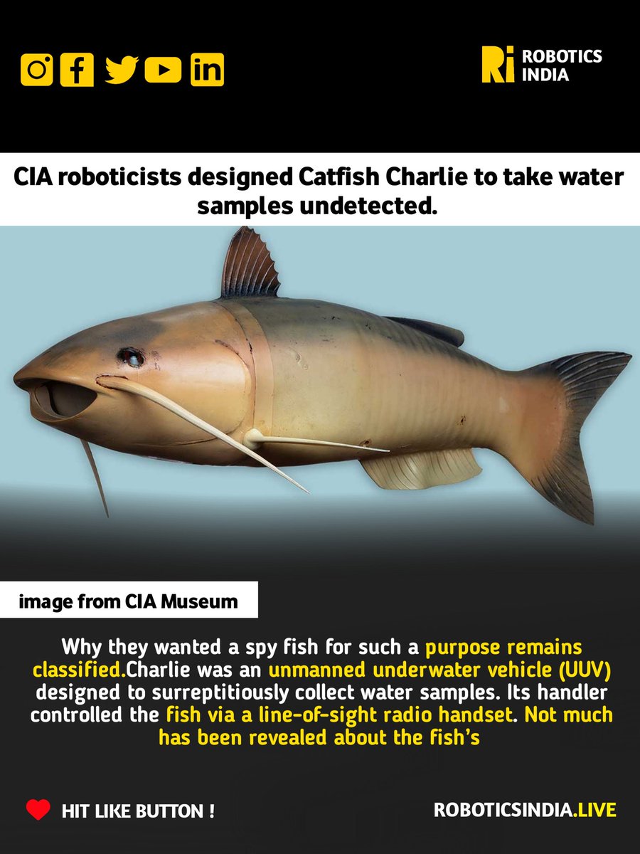 Roboticsindia_'s tweet photo. #Charlie spy fish was an unmanned underwater vehicle #UUV designed to surreptitiously collect water samples. Its handler controlled the fish via a line-of-sight radio handset. Not much has been revealed about the fish’s #robotsindia #robotics #robots #AI #ML #underwaterrobotics https://t.co/zTtCeJ9m2q