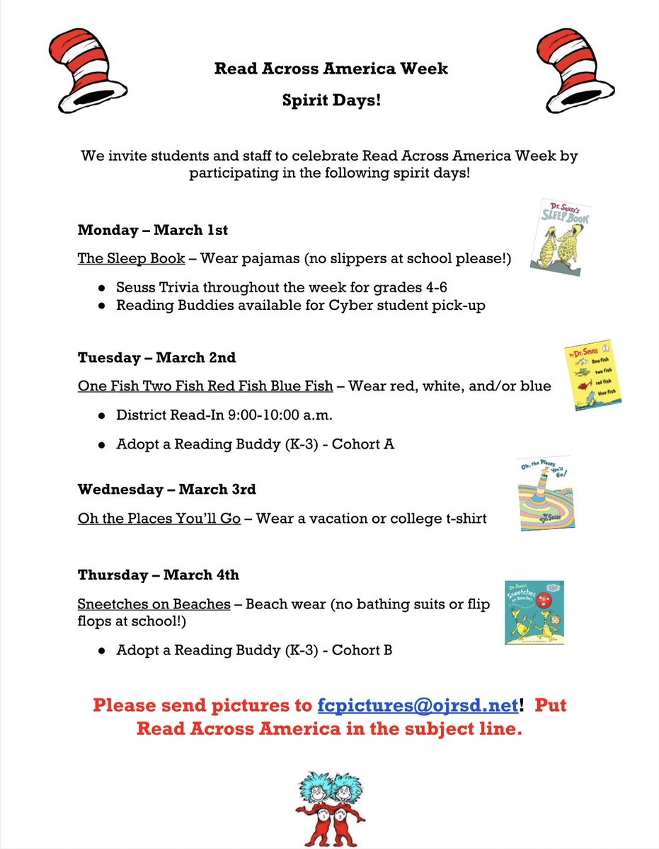 MrsZebertavage's tweet photo. Don’t forget that this week is Read Across America!  Be sure to snap pictures for the yearbook!!! @OwenJRobertsFC #WhatMakesFCSpecial @SmithDeStefano https://t.co/ODLvdooSIP