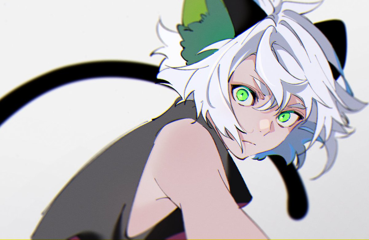 luoxiaohei 1boy solo animal ears cat ears green eyes white hair male focus  illustration images