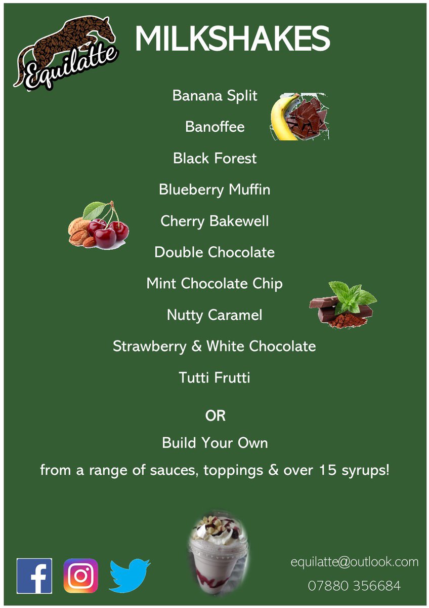 equilatte's tweet photo. our menus for the 2021 season! specials to be added for Spring / Summer 🧋 decaf available and all allergens catered for 💚 #eventing #coffeevan #poshcoffee #barista #coffee #tea #milkshakes https://t.co/0hghpaTXtS