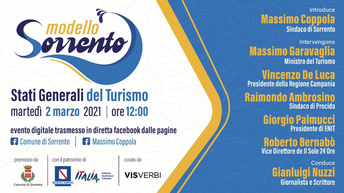 Come rilanciare il turismo in Italia?  
A martedì con <a href="/massimogara/">Massimo Garavaglia</a> <a href="/VincenzoDeLuca/">Vincenzo De Luca</a> Massimo Coppola Giorgio Palmucci  <a href="/robertobernabo/">Roberto Bernabò</a> <a href="/GianluigiNuzzi/">Gianluigi Nuzzi</a> #visverbi