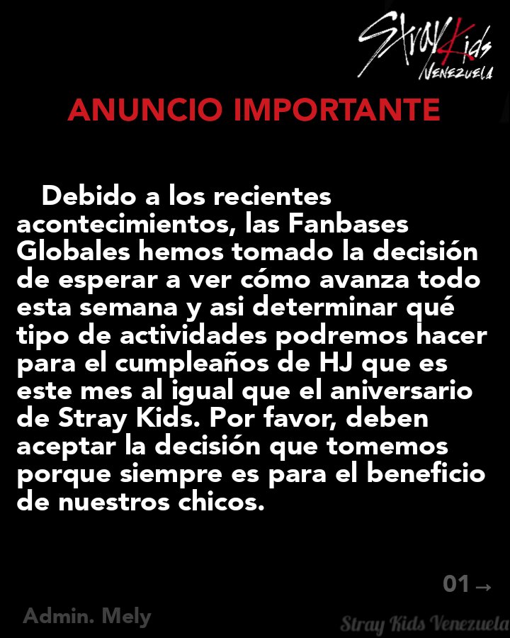 Vnz_StrayKids's tweet photo. 🛑ANUNCIO IMPORTANTE🛑

STAY! Por favor lee con atención~

También les pedimos q eviten dejar malos comentarios en los post de marcas/empresas. No quedemos mal como fandom.

Esperamos entiendan.. Mantenernos en calma es lo mejor que podemos hacer! 

❣️You Make Stray Kids Stay❣️ https://t.co/g0MqXC5KX9