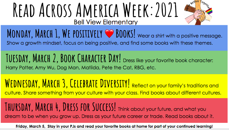 BellViewElem's tweet photo. Monday March 1 begins Read Across America Week!  Here are some simple ways to celebrate! https://t.co/0of0SPtsuQ