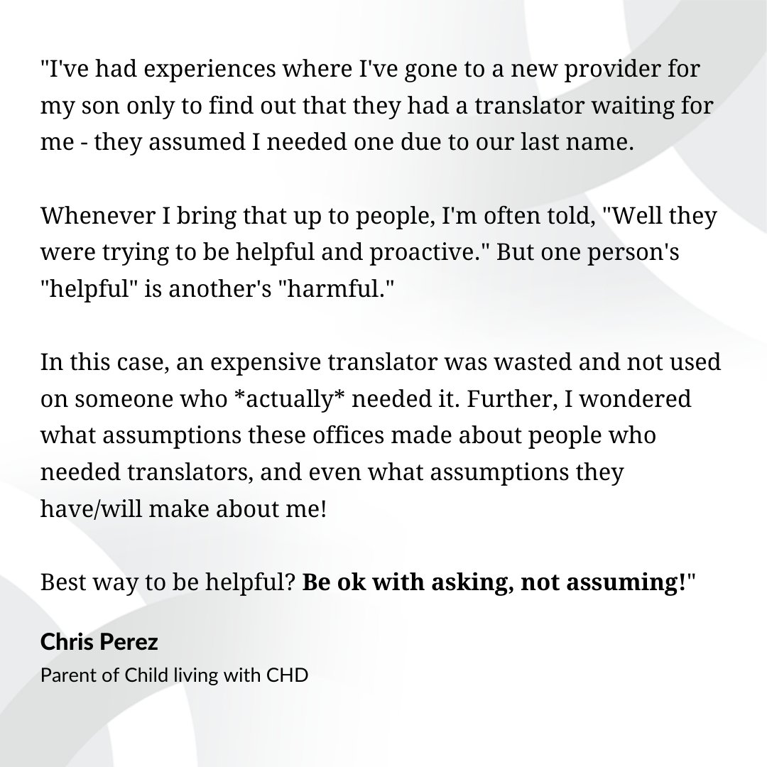 conqueringchd's tweet photo. Sometimes providers try to anticipate the needs of their patients and families, yet often that's where implicit bias first shows itself. 

You know what they say about assumptions... Heart Dad, 
@TeamNolan1 explains, "One person's helpful is another's harmful." #CHDAdvocacy https://t.co/XPOGOvK552