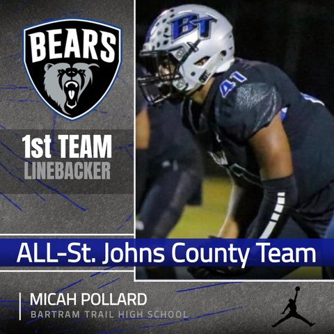 Congratulations to Bartram Trail 2022 OLB/DE <a href="/micahpollard12/">𝕄𝕚𝕔𝕒𝕙 𝕡𝕠𝕝𝕝𝕒𝕣𝕕</a> for making the All-St. Johns County Football Team as a 1st Team Linebacker!  🎨 by <a href="/GoEditGraphics/">GoEdit Graphics</a> #GoBears🐻