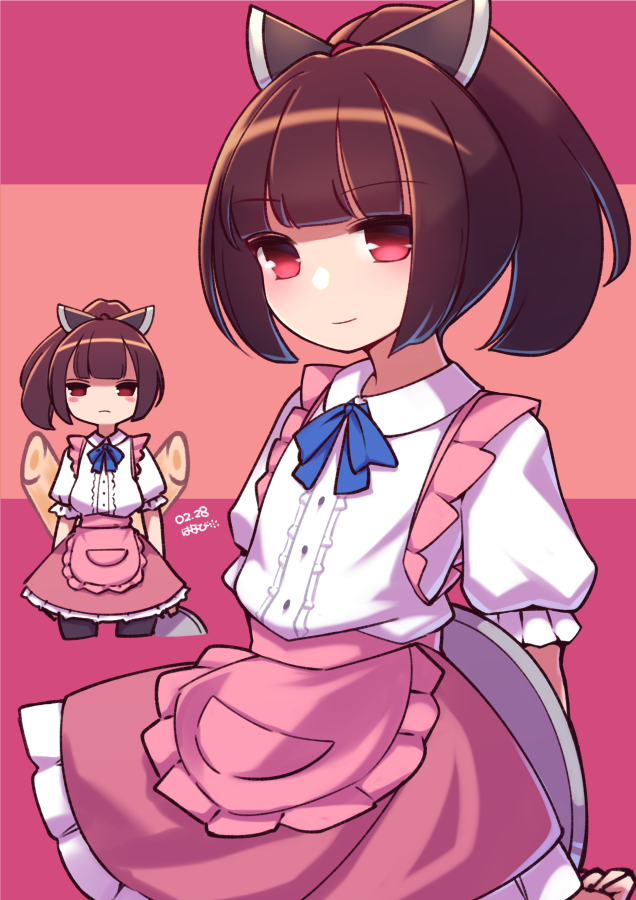 touhoku kiritan 1girl brown hair red eyes waitress skirt pink skirt apron  illustration images