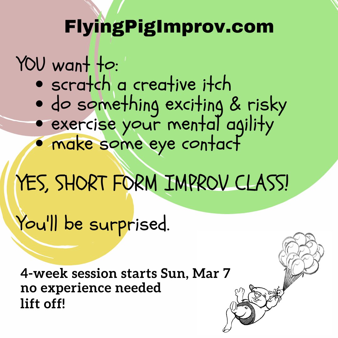 pig_ict's tweet photo. Whatcha' doin' on Sunday nights?  Sign up for this beginning level improv class. 
Starts next Sun, Mar 7 at 5pm.

In person, in face shields, in small numbers. Read more: 
https://t.co/GZ1rrATcVy

REGISTER NOW for Short Form (spaces are limited): https://t.co/vJkIkk8SK2 https://t.co/XuhBdzBHez