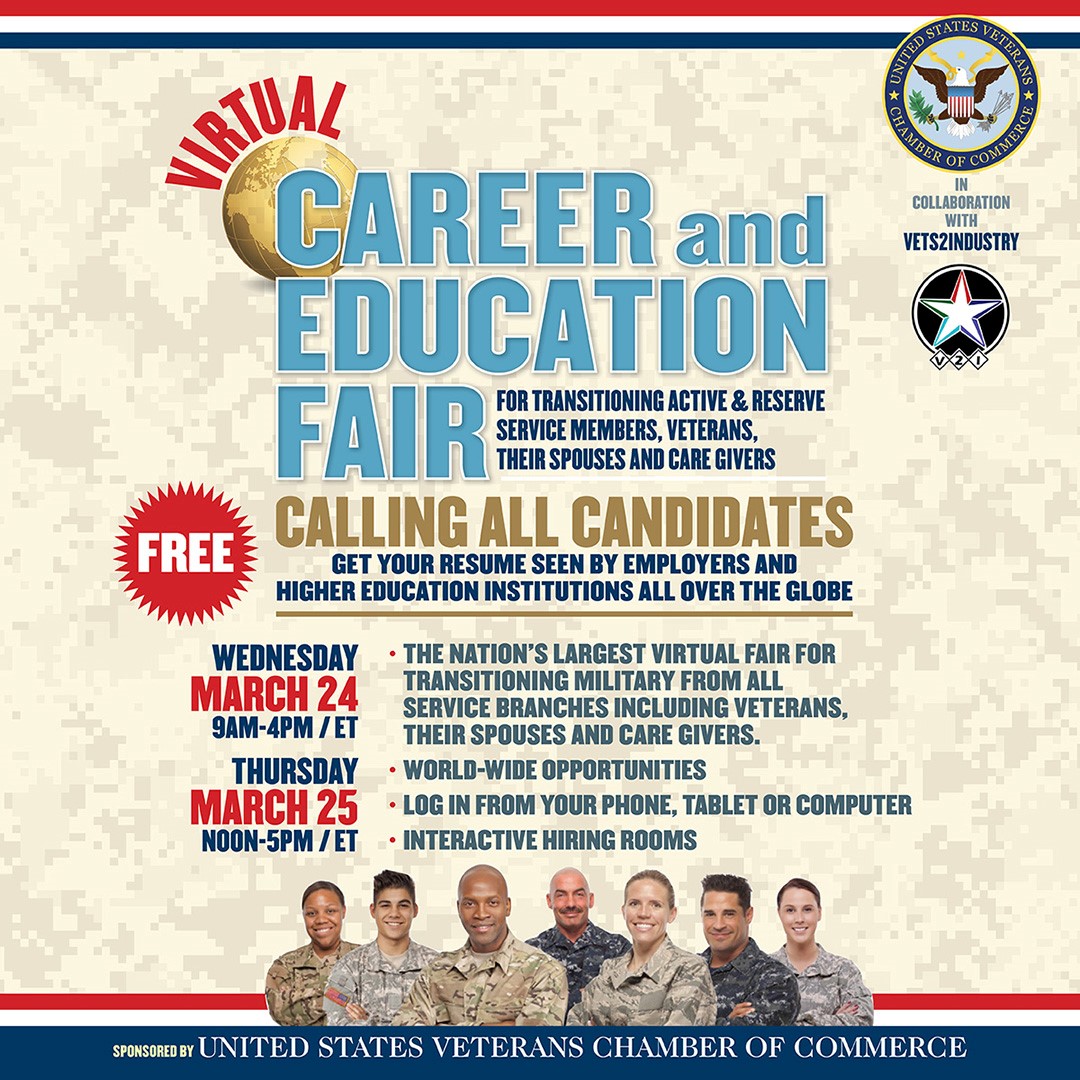 📣 Calling all Candidates!

Join the nation's largest (and FREE!) Virtual Career &amp; Education Fair on March 24 &amp; 25 and get your resume seen by employers and higher education institutions all over the 🌎.

See more details here or on usvcc.org!

#hiringfair #veterans