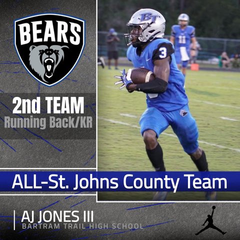 Congratulations to Bartram Trail 2021 RB <a href="/Ajlll6/">Aj lll</a> for making the All-St. Johns County Football Team as a 2nd Team RUnning Back/Kick Returner!  🎨 by <a href="/GoEditGraphics/">GoEdit Graphics</a> #GoBears🐻