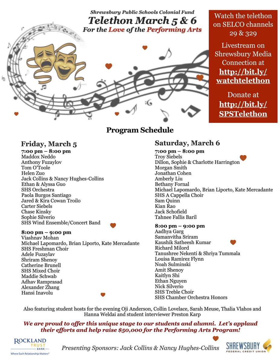 SPS Performing Arts (@spsperforming) on Twitter photo Great entertainment coming next week with the For the Love of the Performing Arts Telethon! Join us next Friday and Saturday evening virtually, of course. #Shrewsburylearns <a href="/SSMAShrewsbury/">SSMA</a> <a href="/Brian_Liporto/">SHS Bands</a> <a href="/mr_lapomardo/">SHSChoirs</a> <a href="/kate_mercadante/">Kate Mercadante</a> <a href="/SHSColonials/">Todd Bazydlo</a> <a href="/omsprincipal/">Ann M. Jones</a> <a href="/JonathanKelly_/">Jonathan Kelly</a> Great entertainment coming next week with the For the Love of the Performing Arts Telethon! Join us next Friday and Saturday evening virtually, of course. #Shrewsburylearns <a href="/SSMAShrewsbury/">SSMA</a> <a href="/Brian_Liporto/">SHS Bands</a> <a href="/mr_lapomardo/">SHSChoirs</a> <a href="/kate_mercadante/">Kate Mercadante</a> <a href="/SHSColonials/">Todd Bazydlo</a> <a href="/omsprincipal/">Ann M. Jones</a> <a href="/JonathanKelly_/">Jonathan Kelly</a>
