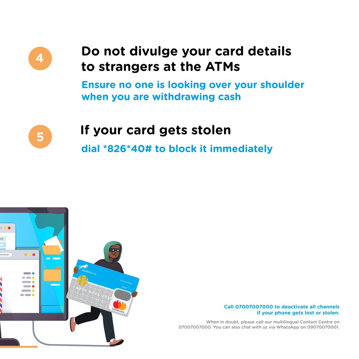 UNIONBANK_NG's tweet photo. Stay Vigilant!
Here are a few tips to help you keep your hard-earned cash safe.
When in doubt, please call 07007007000.
Stay Safe!.
#UnionCares #FraudAlert #UnionTips #UnionBank #StaySafe #YourSimplerSmarterBank https://t.co/SPoqztWlbn