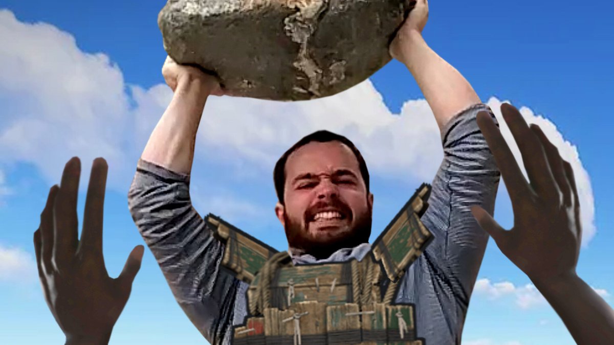welyn's tweet photo. you wake up on the beach in rust and see this person about to bonk you with a rock, what do you do? https://t.co/4jilzZ0BvA