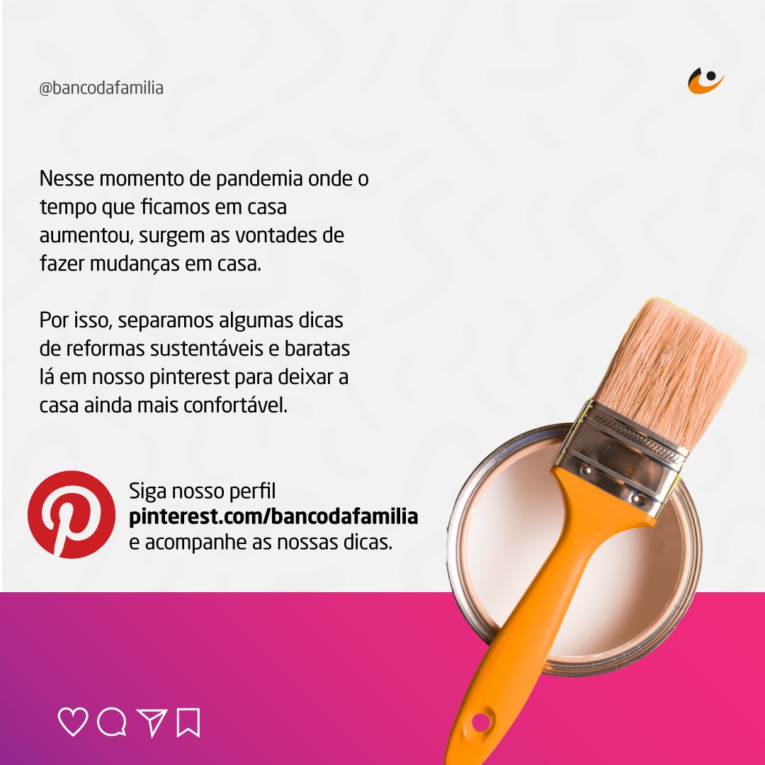 💡 Fim de semana é o momento de organizar a casa e com isso, vem os pensamentos da tão sonhada reforma.

👉 Por isso, separamos algumas dicas em nosso Pinterest para reformas sustentáveis.

#sustentabilidade #reforma #bancodafamília