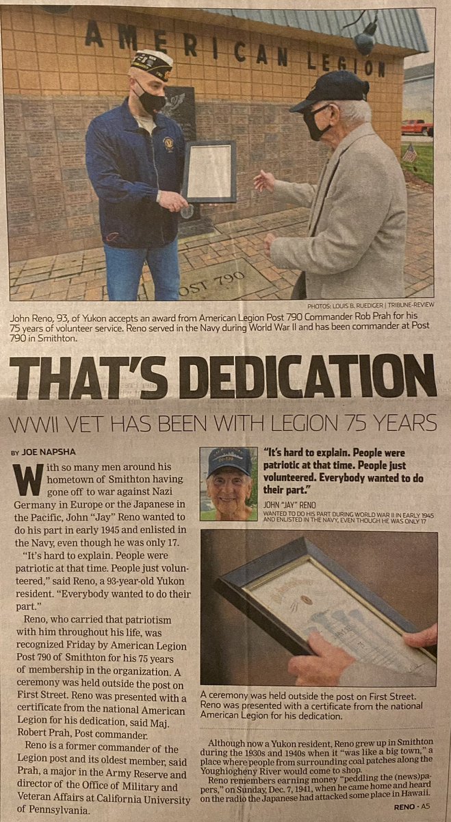 PaLegion790's tweet photo. Smithton, Pennsylvania. 

February 26, 2021.

Members of the Lt. Wayne S. Forsythe Post 790, in Smithton, recognized John Reno for 75 years of continuous service in the @AmericanLegion. Reno was presented a certificate and Post 790 coin for excellence. 

@TribWestmoreCo 🇺🇸 https://t.co/ROzg2jxJYf