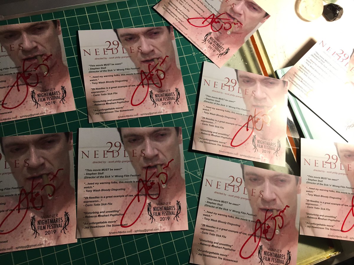Needles29's tweet photo. Signing flyers I had designed to be the same shape as a cocktail napkin.

#29needlesmovie #29needles #indiehorror #horrormovie #psychosexual #bodyhorror #graphiccontent #nsfwcontent  #unearthedfilms #tooextremeformainstream #tefm https://t.co/4zahkYpqFu