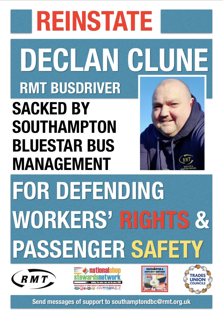 SouthernSP's tweet image. Reinstate @MarxistBusMan RMT bus driver. Sacked by @go_south_coast BlueStar #Southampton for defending workers’ rights &amp;amp; passenger safety.

Secretary of Southampton Trades Union Council &amp;amp; Socialist Party member, support his fight for justice &amp;amp; reinstatement. 

#SocialistSunday