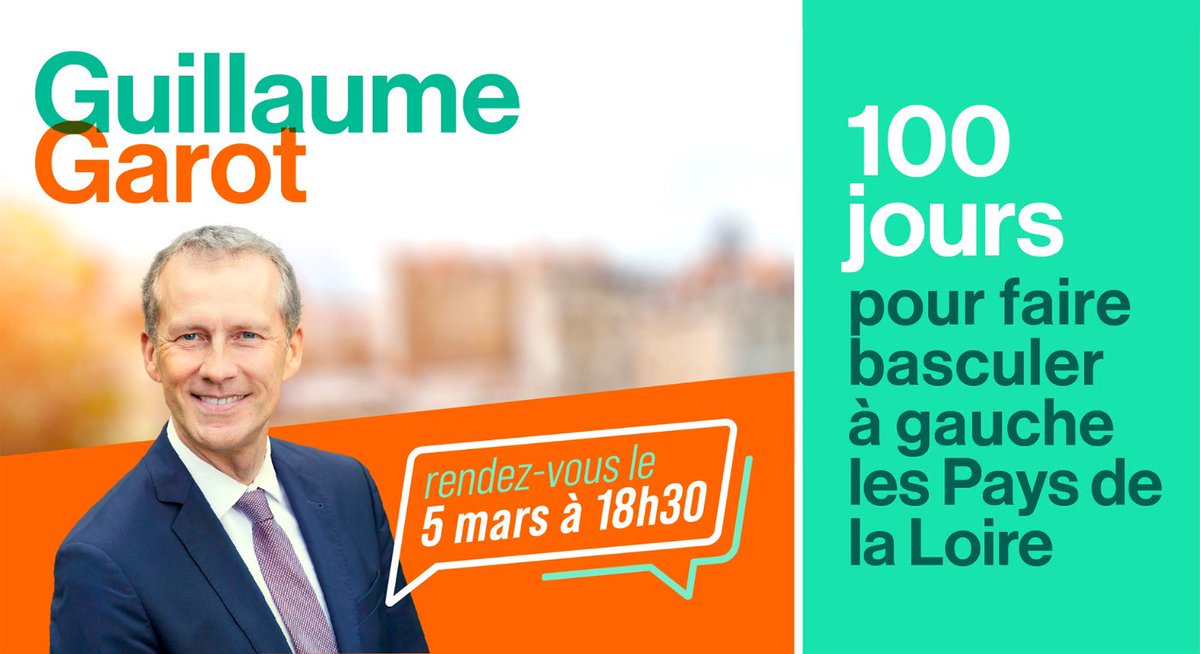 Ce 5 mars, il nous restera 100 jours pour faire basculer nos #PaysDeLaLoire vers plus de justice sociale et écologique. 

C’est une étape importante pour laquelle je vous donne rendez-vous vendredi à 18h30 : fb.me/e/NjIcHoXn 🟠
A bientôt ! 

💻 guillaumegarot2021.fr