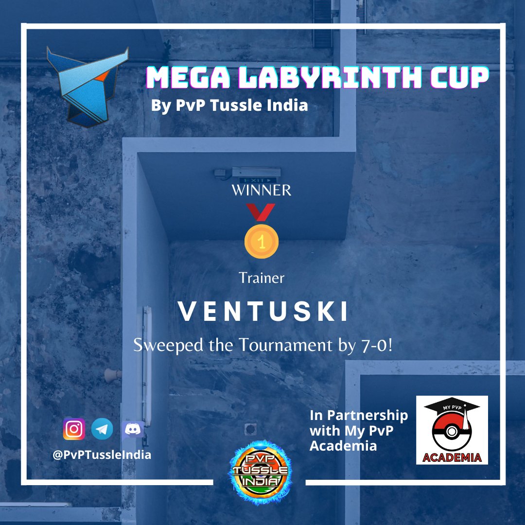 PvPTussleIndia's tweet photo. 🏆 MEGA LABYRINTH CUP 🏆
The Biggest #LabyrinthCup in India 
✨ CONCLUDED

🎉 Congrats to @ventuski for sweeping the Tournament by 7-0!

View the Cup here:
https://t.co/RmL5ZPydsU

#PvPTussleIndia #LabyrinthCup #SilphArena #PokemonGo #PvPTournament https://t.co/YylQTIVpzL