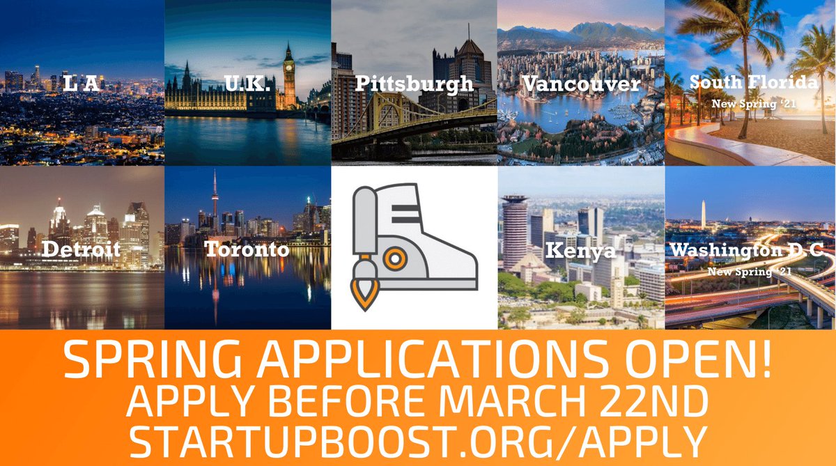 genemurphy's tweet photo. Applications are now open until March 22nd for our Spring 2021 #PreAccelerators! 

Programs are taking place in Detroit, Kenya, LA, Pittsburgh, South Florida, Toronto, U.K., Vancouver, &amp; Washington DC.

Apply at https://t.co/hOjCEZh5D9

#StartupBoost https://t.co/dL2Gc2QuUM