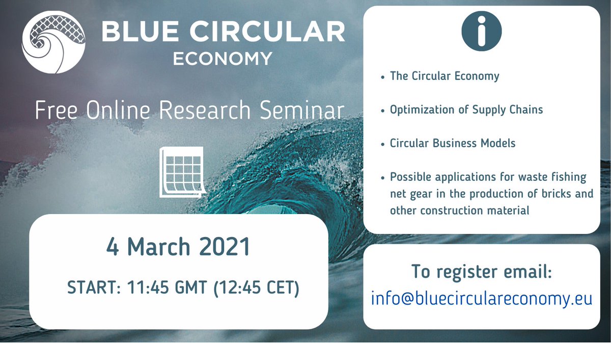 BlueCircular's tweet photo. Check out our upcoming seminar https://t.co/xzdChbXXAY

Students &amp; researchers👩‍🎓will present findings on topics including circular economy approaches to recycling waste fishing gear♻️

To register email: info@bluecirculareconomy.eu

#bluecirculareconomy #SMEs #circulareconomy https://t.co/ALo3szlyRv