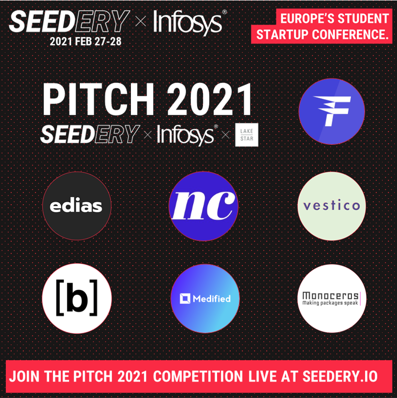 Join us for the Pitch 2021 Competition at 18:00 GMT (sponsored by <a href="/Infosys/">Infosys</a> and Lakestar) where you will hear student startups including @FireStartapp , <a href="/neucruit/">neuroute</a>, Edias Space, vestico, Bindr, Medified and Monoceros pitch to our judges!