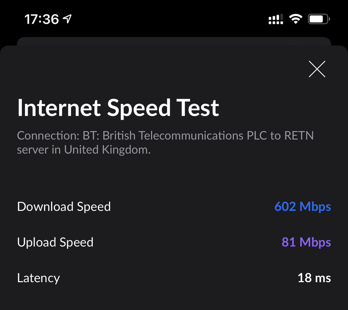 rich_____'s tweet photo. Did some cat7 work around house (phase 1) this weekend and look at this internet speed!
600/80 is not bad 😎
Used to be ~60/60
#BT #InternetSpeed https://t.co/haMKyIUhiP