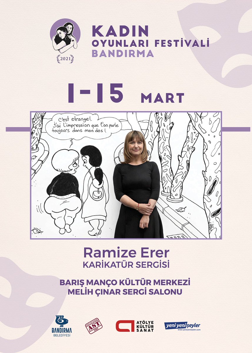 AtolyeKultur's tweet photo. Kadın Oyunları Festivali kapsamında sergilenecek olan Ramize Erer Karikatür sergisini Bandırma Barış Manço Kültür Merkezi Melih Çınar sergi salonunda 1-15 Mart tarihleri arasında ziyaret edebilirsiniz
#KadınOyunlarıFestivali #tiyatro #tiyatroiyidir #tiyatroiyileştirir #ramizeerer https://t.co/P4nhUHsiaX