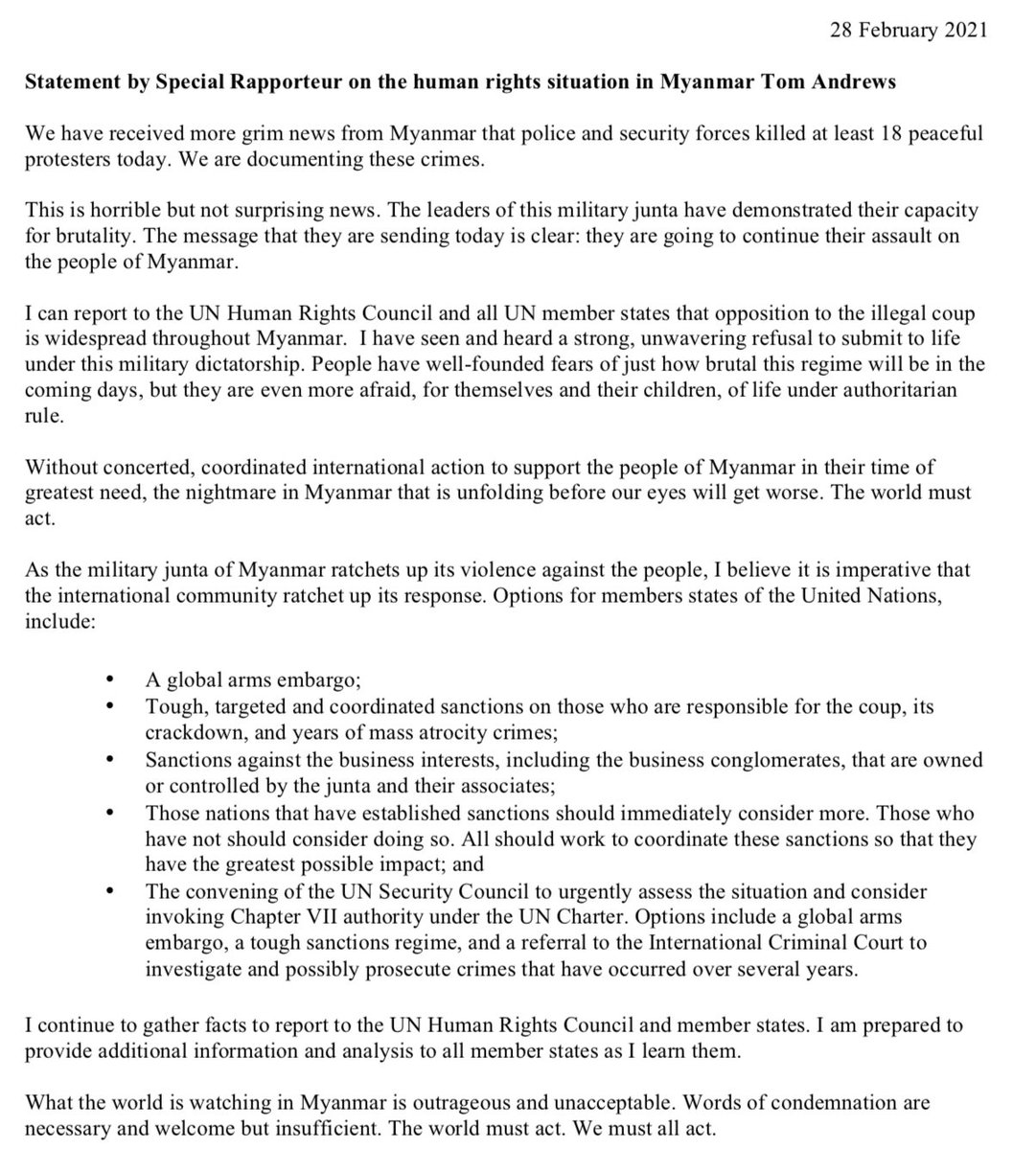 UN Special Rapporteur Tom Andrews (@rapporteurun) on Twitter photo As the junta ratchets up its brutal attacks against peaceful protesters in Myanmar, the world must ratchet up its response. Words of condemnation are welcome but insufficient. We must act. I'm releasing a statement today w options for UN member states & the UN Security Council. As the junta ratchets up its brutal attacks against peaceful protesters in Myanmar, the world must ratchet up its response. Words of condemnation are welcome but insufficient. We must act. I'm releasing a statement today w options for UN member states & the UN Security Council.