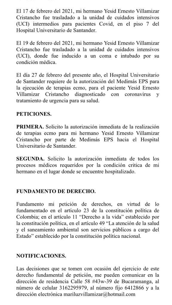 Hazzaselo's tweet photo. Este es el derecho de petición que ya mandamos a @MedimasEPS para que nos den respuesta lo antes posible. Para que autoricen el tratamiento de ECMO a Yesid.
@supersalud
@medimasEPS @defensoriacol https://t.co/YXKxLklwKh