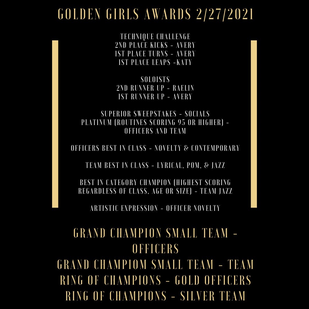 THSGoldenGirls's tweet photo. The Golden Girls had an amazing first contest yesterday! Check out the individual and team awards we brought home including Grand Champion Small Team and Officers, Ring of Champions Gold Officers (1st overall) and Silver Team (2nd overall). 
#TFND https://t.co/huCUkprlbH