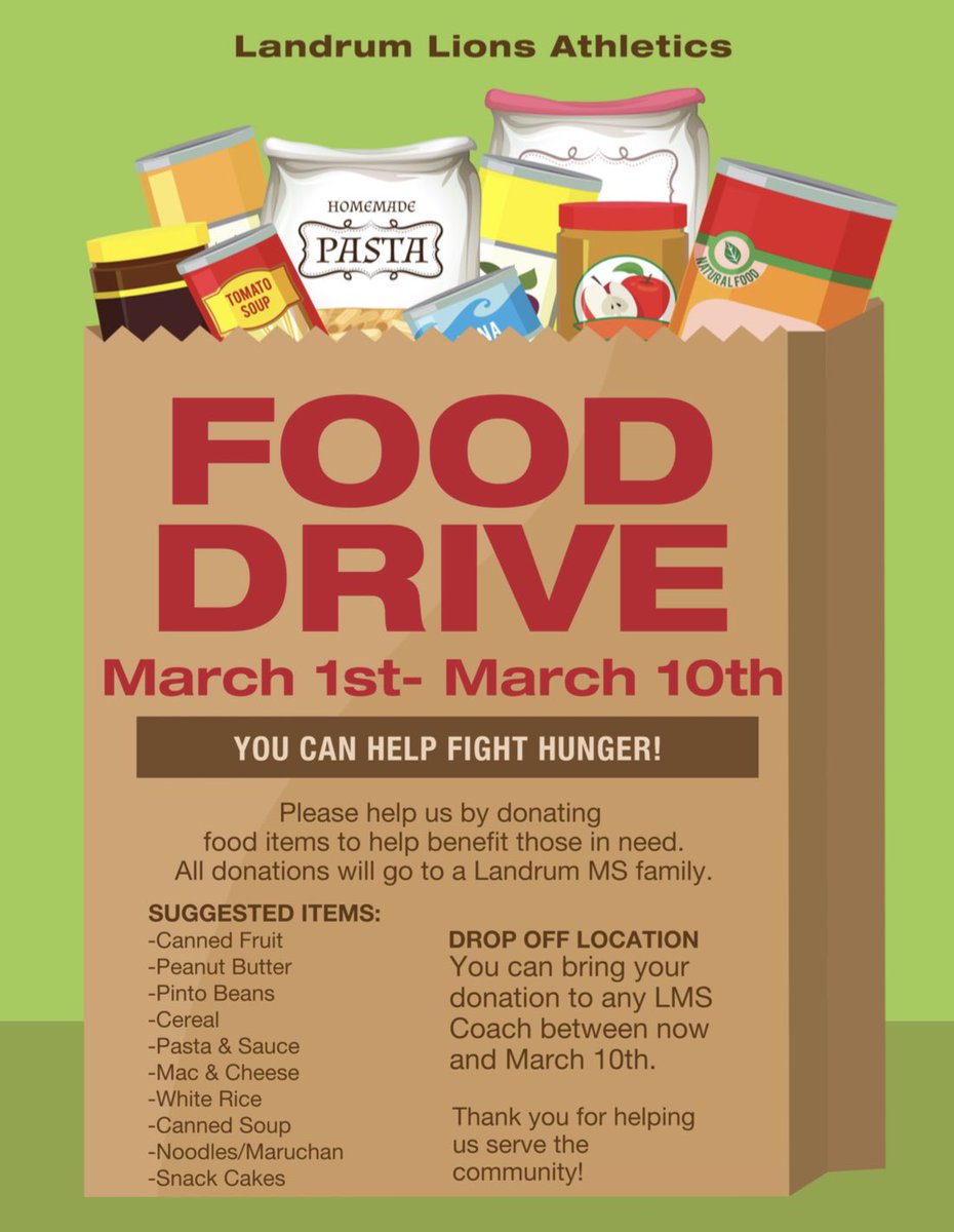 Amanda Houston (@coachhouston_wm) on Twitter photo Hey <a href="/LandrumMS/">Landrum MS Lions 🦁 #MoralCompass</a>! Don’t forget your items for the food drive happening now through March 10th! Each item you donate will get you entered into the raffle for some cool prizes! Thank you for helping us serve and support the LMS community! #LionPride #LionNation ❤️🦁 Hey <a href="/LandrumMS/">Landrum MS Lions 🦁 #MoralCompass</a>! Don’t forget your items for the food drive happening now through March 10th! Each item you donate will get you entered into the raffle for some cool prizes! Thank you for helping us serve and support the LMS community! #LionPride #LionNation ❤️🦁