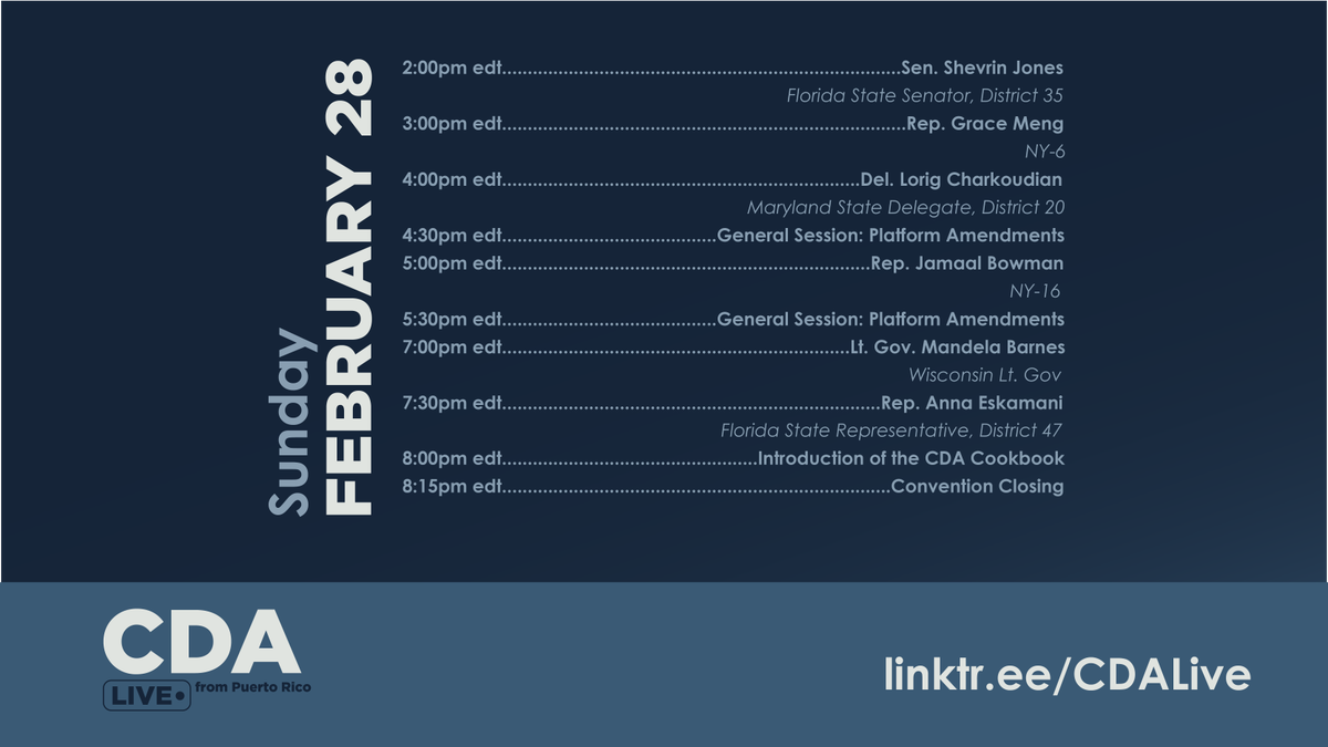 CollegeDems's tweet photo. Here's the schedule for day four of #CDALive! Register for today's programming below.
https://t.co/WlFr0HQNEx
@CollegeDemsPR https://t.co/sw9q8mzvRn