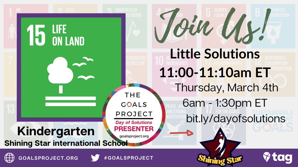 NatashaHassan89's tweet photo. Our class is honored to represent SDG 15 and the #GoalsProject on March 4th for the Day of Solutions! Join for our presentation Little Solutions at 11- 11:10am ET. Free and open to all classrooms! Register here: https://t.co/0155hgA0Xg.  @ShiningStarSchl @KHDA @ADEK @khaleejtimes https://t.co/33DRL4FpPH