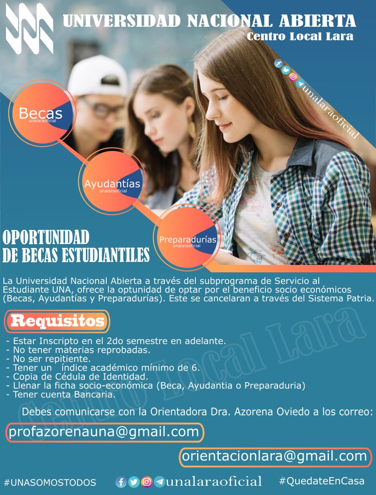 👉🏻 INFORMACIÓN 
El subprograma de Servicio al Estudiante UNA, informa sobre la oportunidad de Becas, Ayudantías y Preparadurías.
#venezuela #barquisimeto #lara #clasesonline #universidad #unalara #unalaraoficial #universidadnacionalabierta #centrolocallara #beca #ayudantia