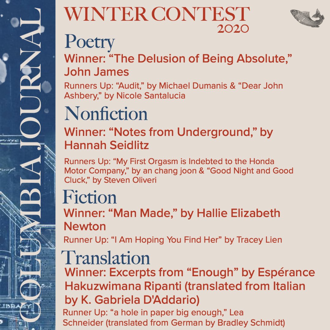 ICYMI, congratulations to our 2020 Winter Contest winners and runners-up! We are so excited about these artists and thanks to everyone who submitted!

*We'd like to correct a previous version of this graphic; our winner in Translation is K. Gabriela D'Addario, @ga8rie1a !