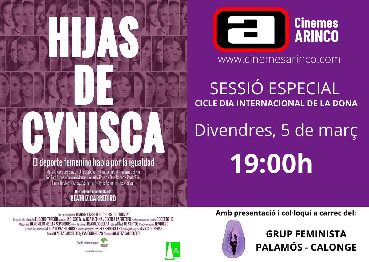 📣 Sessió especial de cinema #8M ✊🏾
📽 Veurem el documental <a href="/hijasdecynisca/">Hijas De Cynisca</a> de Beatriz Carretero 5/3/2021 a les 19ha Cinemes Arinco de #Palamós
🎟 Entrades a cinemesarinco.com
💜 En el col·loqui posterior a la projecció comptarem amb <a href="/CMechaal/">Chaymae Mechaal Mechaal</a> exatleta i tècnica d’atletisme