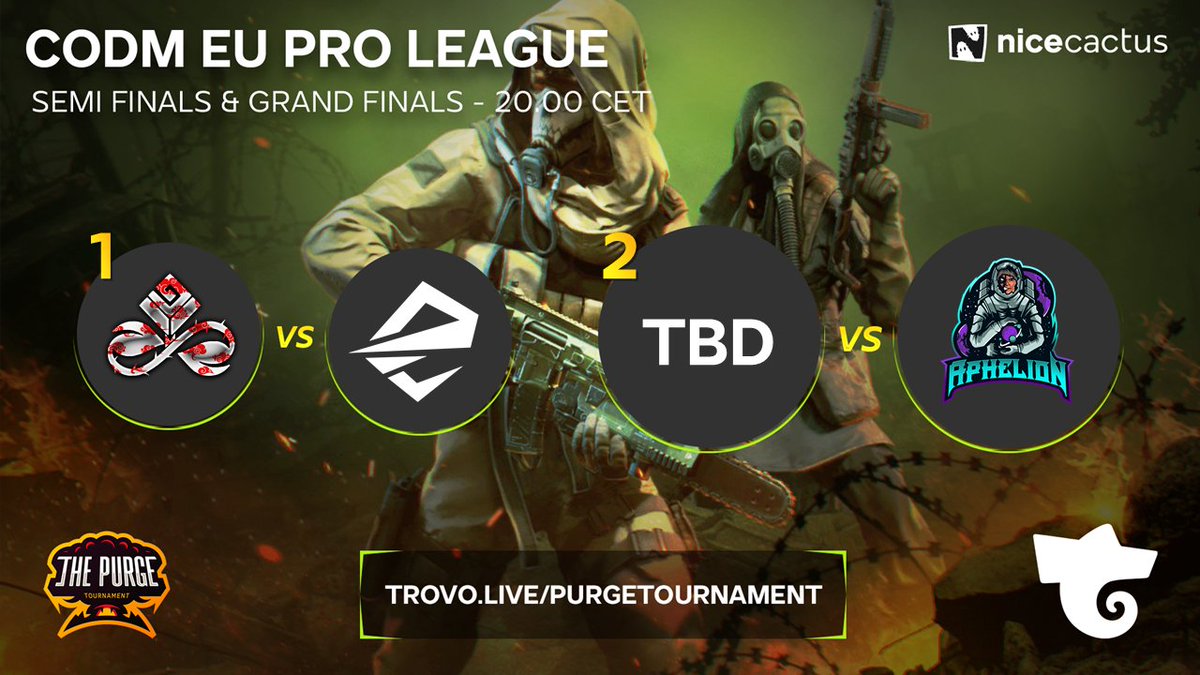 PurgeTournament's tweet photo. Come to watch the last day of our 1000€ #CoDMobile EU Pro League ! 🔥

1⃣ Semi-Finals (Loosers Bracket)
@ElevateE8 vs @Infinite_CODM 

2⃣ Grand Finals 
TBD vs @AphelionCODM 

🔗https://t.co/qTSVmiSCRd
🎙️ Casted by @floskill974 &amp; @UncleBlood
⏲️20.00 CET
 
@nicecactusgg @trovolive https://t.co/0mrayFvW5E