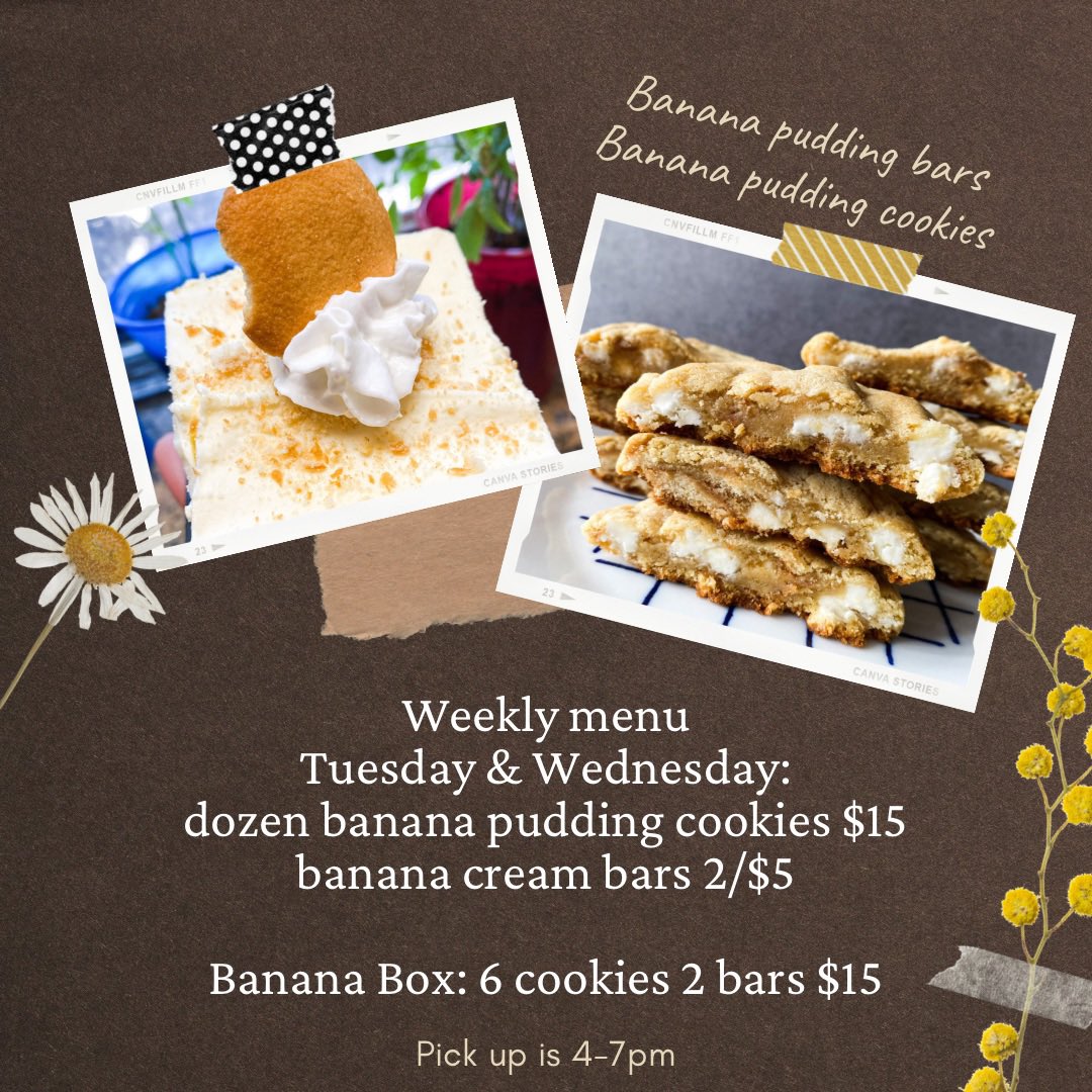 Happy Sunday, y’all! 

Weekly menu is for all the banana 🍌 lovers! Taking orders for Tuesday & Wednesday. 

Bringing back the banana cream pudding bars as requested! 
Thank you guys so much for the support. 

#cookies #bananacreampudding #bananapuddingcookies #pasadenatx