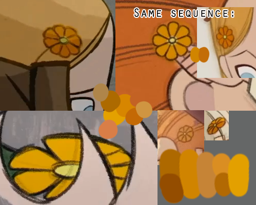 Getting Tin Hat about colours design/symbolism: the flower is yellow/orange. Bill/Robyn have yellow hair, while Mebh/Moll have orange; it's their pack in flower form. The flower changes hue depending on wearer; within the sequence Robyn gives it to Mebh, it changes to more yellow