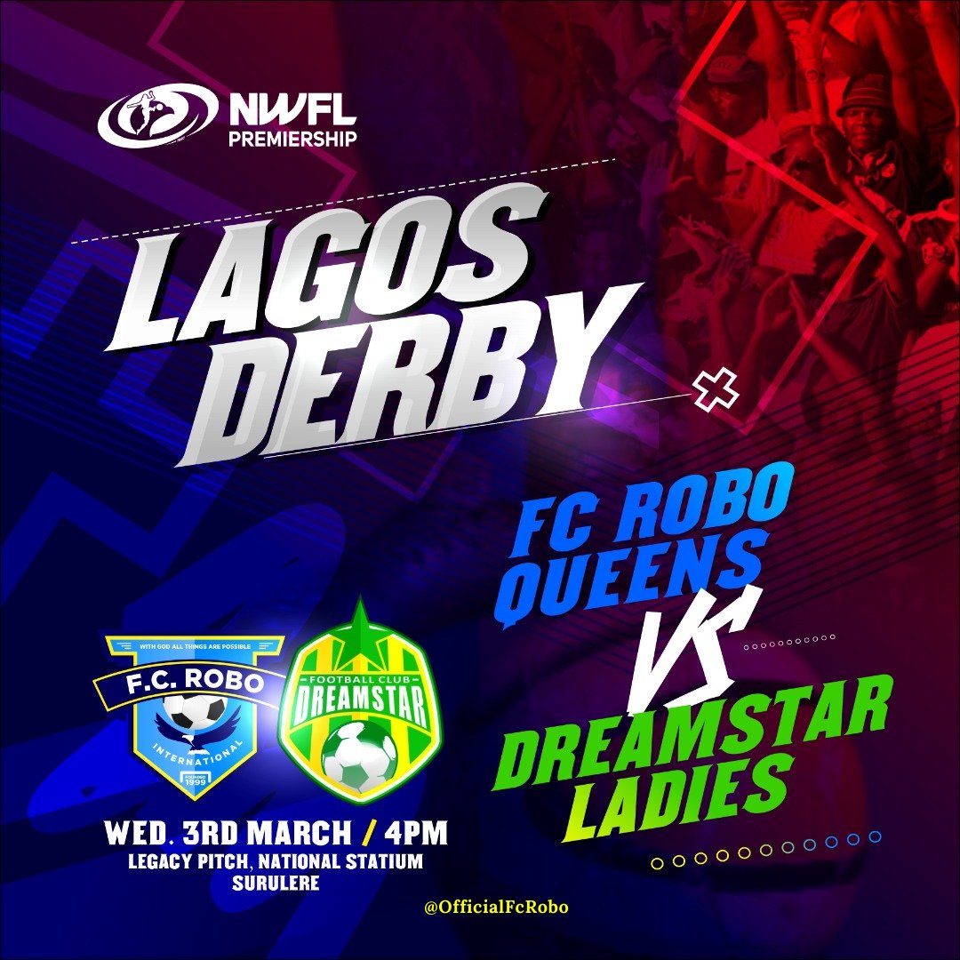 OfficialFcRobo's tweet photo. History in the making.
It's the first ever #NWFLLagosDèrby live at the Legacy Pitch of the National Stadium, Surulere.
And the "Lagos Landladies" about to mark their territory against the supposed "Pride of Lagos" @DreamStarLadies
E go rain goals
#ROBDRE
#NWFLPREMIERSHIP2021 https://t.co/ILk9n79aV8