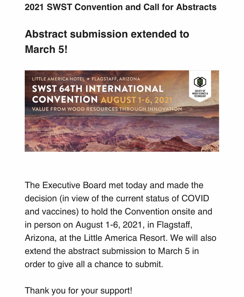 SocietyWood's tweet photo. Abstract submission extended to March 5!
Submit your abstracts at https://t.co/WvpULcApju
#societywood #swstic #swst2021 #swstflagstaff https://t.co/hHMELd6BBz